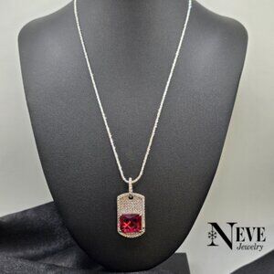 Sterling Silver 925 Italian Twisted Roc Iced-out Pendant Red CZ Dog Tag Necklace